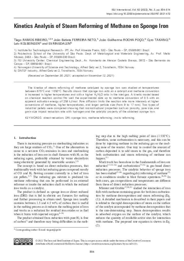 (PDF) Analysis of Steam Reforming of Methane on Sponge Iron Leiv Kolbeinsen
