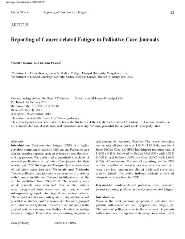 (PDF) Reporting of cancer-related fatigue in palliative care journals