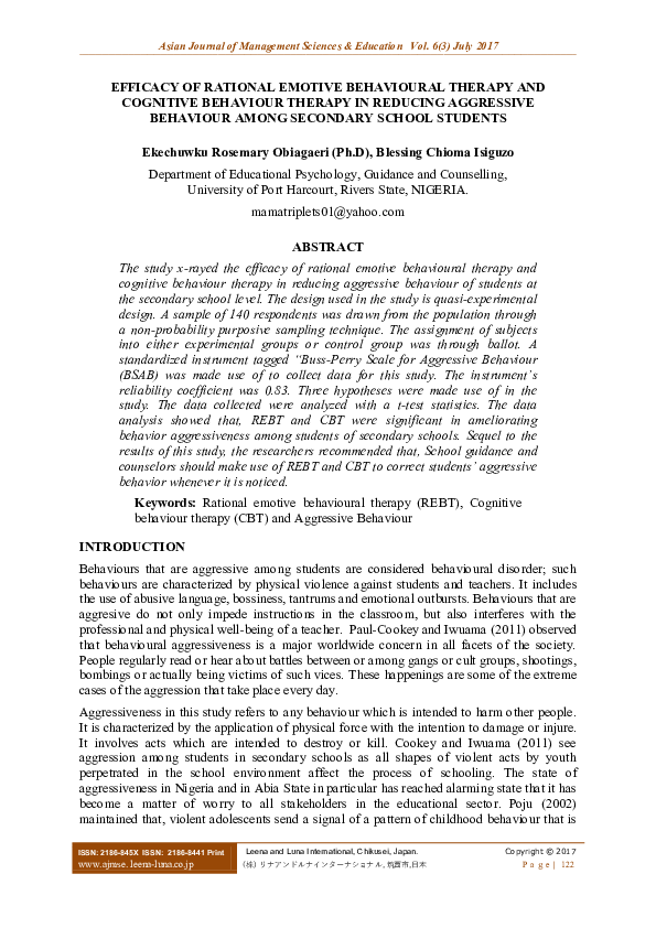 (PDF) Efficacy of Rational Emotive Behavioural Therapy and Cognitive ...