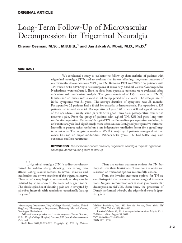 (PDF) Long-Term Follow-Up of Microvascular Decompression for Trigeminal ...