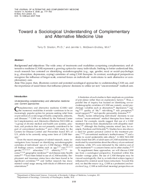(PDF) Toward a Sociological Understanding of Complementary and