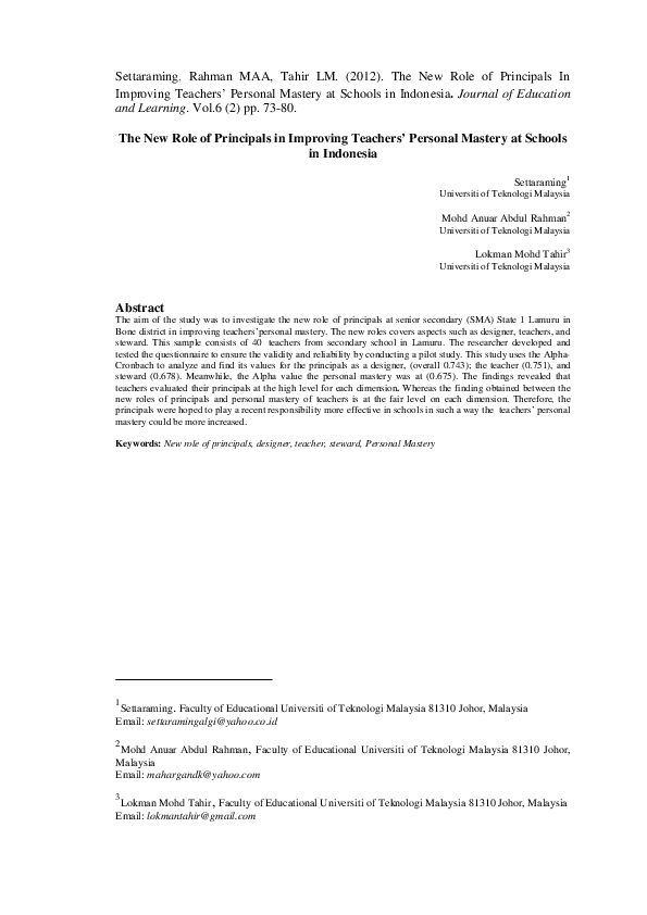 (PDF) The New Role of Principals in Improving Teachers Personal Mastery ...