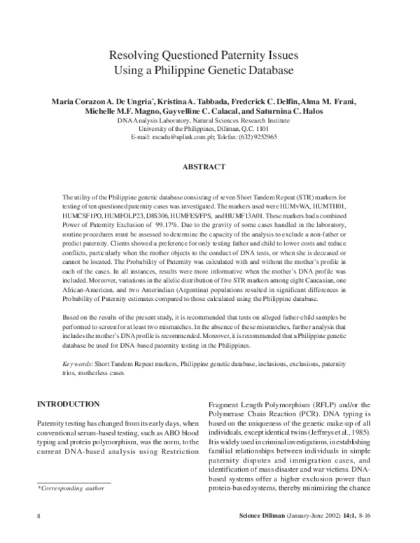 (PDF) Resolving Questioned Paternity Issues Using a Philippine Genetic ...