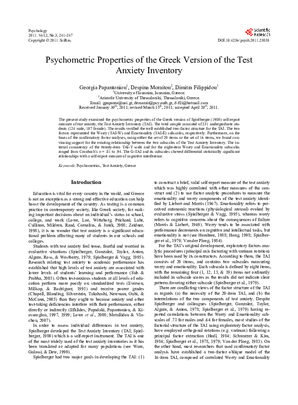 (PDF) Psychometric properties of the Greek version of the Test Anxiety ...
