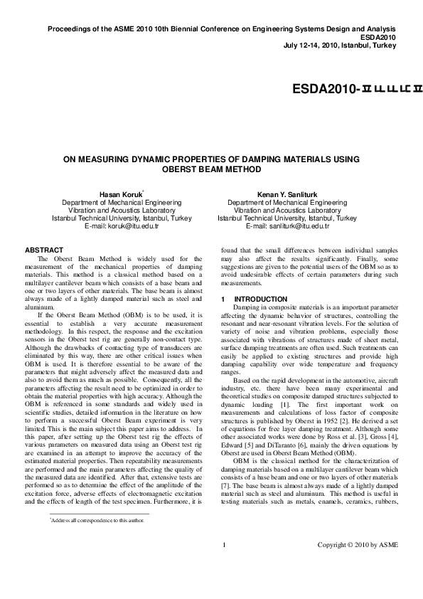 (PDF) On Measuring Dynamic Properties of Damping Materials Using Oberst Beam Method Kenan