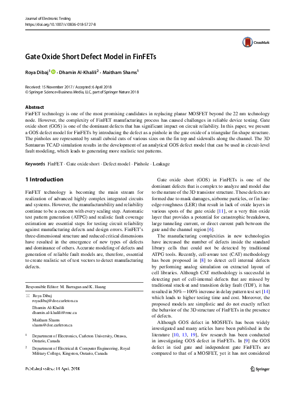 (PDF) Gate Oxide Short Defect Model in FinFETs