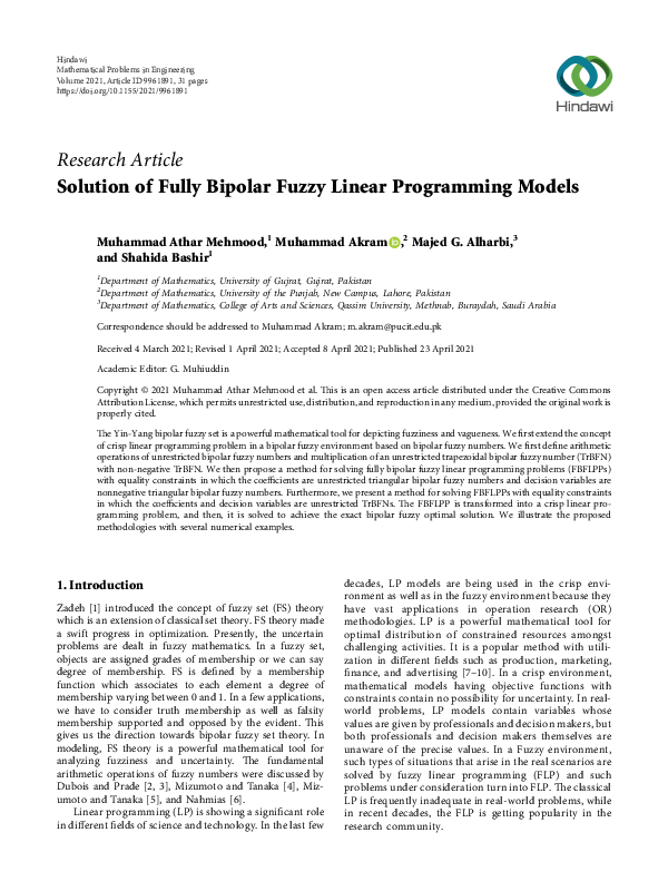(PDF) Solution of Fully Bipolar Fuzzy Linear Programming Models | athar ...