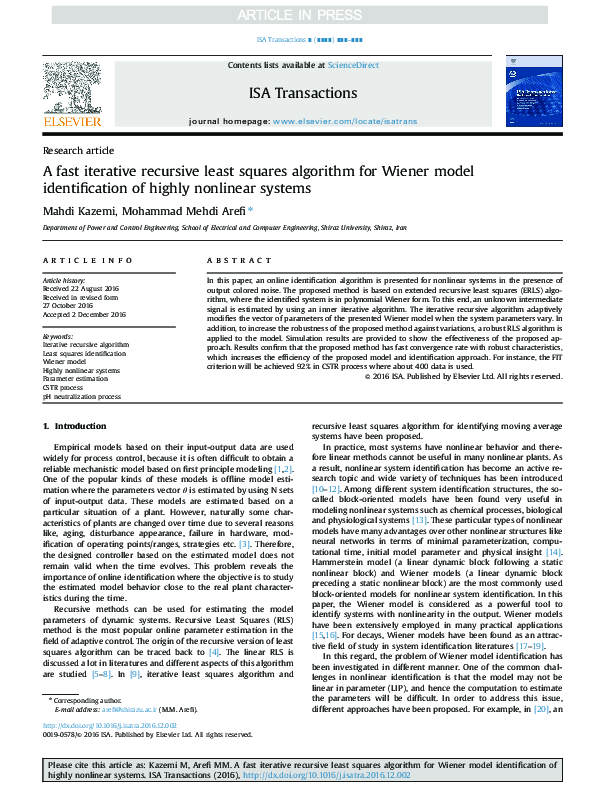 (PDF) A fast iterative recursive least squares algorithm for Wiener ...