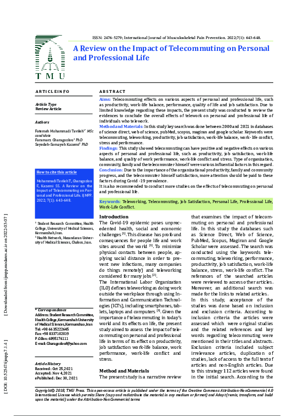 (PDF) A Review on the Impact of Telecommuting on Personal and ...