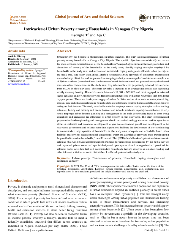 (PDF) Intricacies of Urban Poverty among Households in Yenagoa City Nigeria