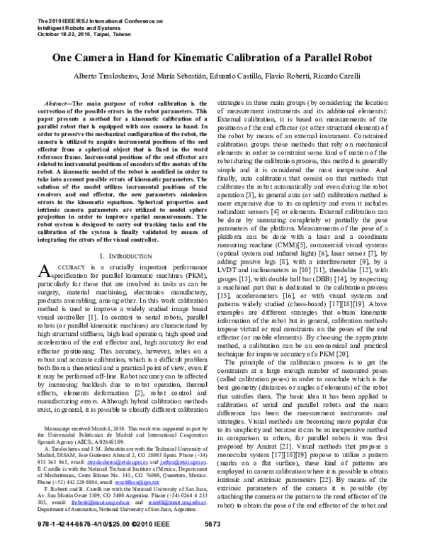 (PDF) One camera in hand for kinematic calibration of a parallel robot