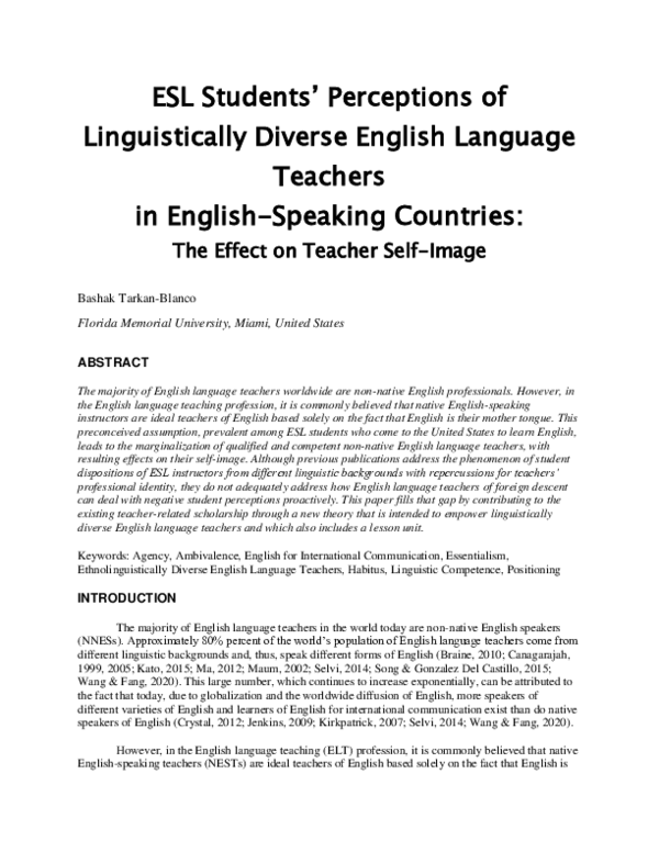 (PDF) ESL Students' Perceptions of Linguistically Diverse English ...