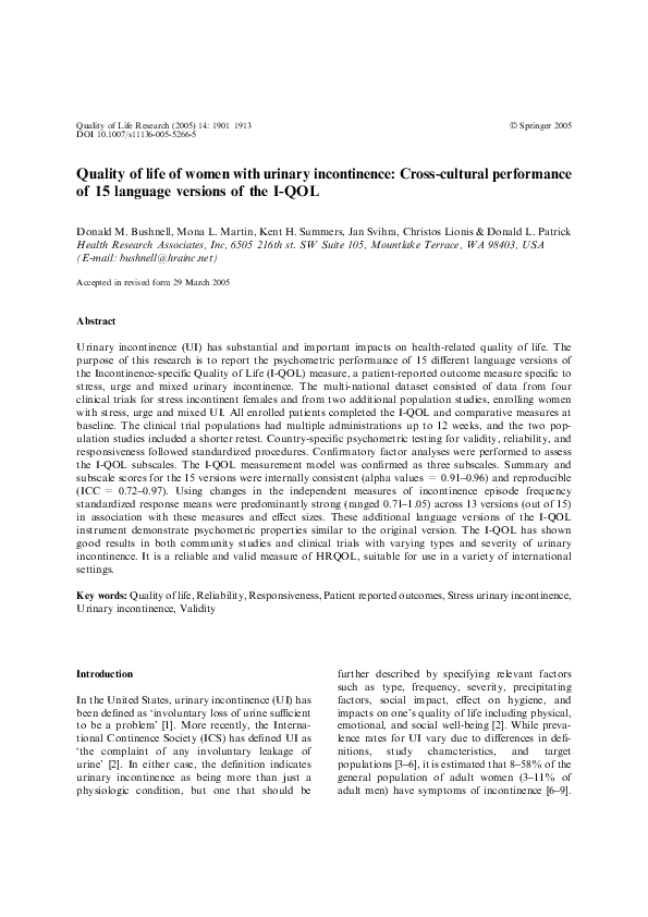 (PDF) Quality of Life of Women with Urinary Incontinence: Cross ...