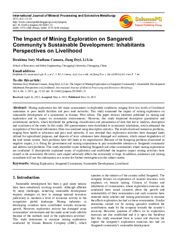 (PDF) The Impact of Mining Exploration on Sangaredi Community’s ...