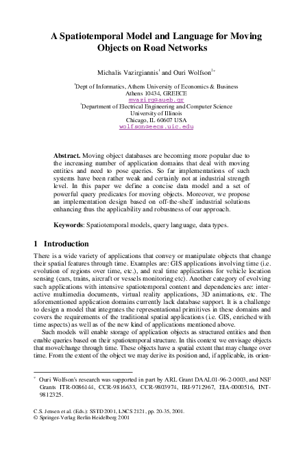 Pdf A Spatiotemporal Model And Language For Moving Objects On Road 