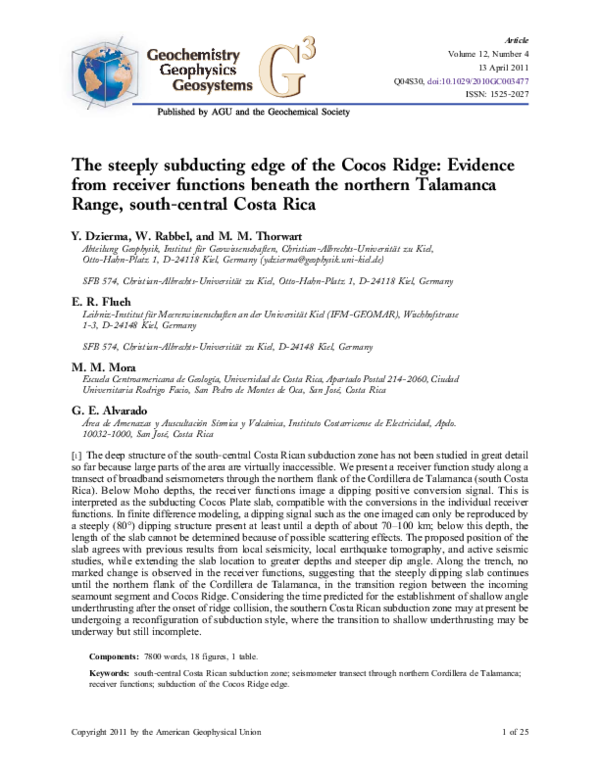 (PDF) The steeply subducting edge of the Cocos Ridge: Evidence from ...