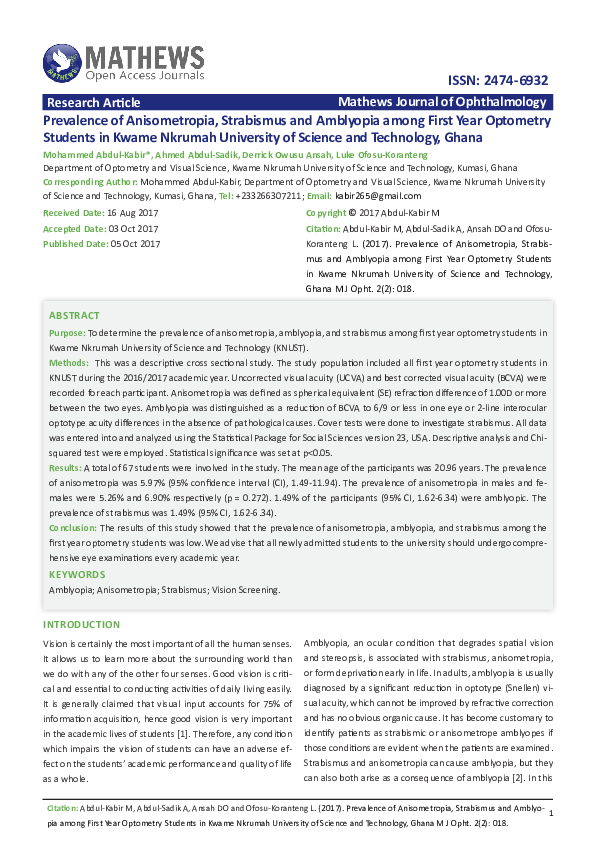 (PDF) Prevalence of Anisometropia, Strabismus and Amblyopia among First ...