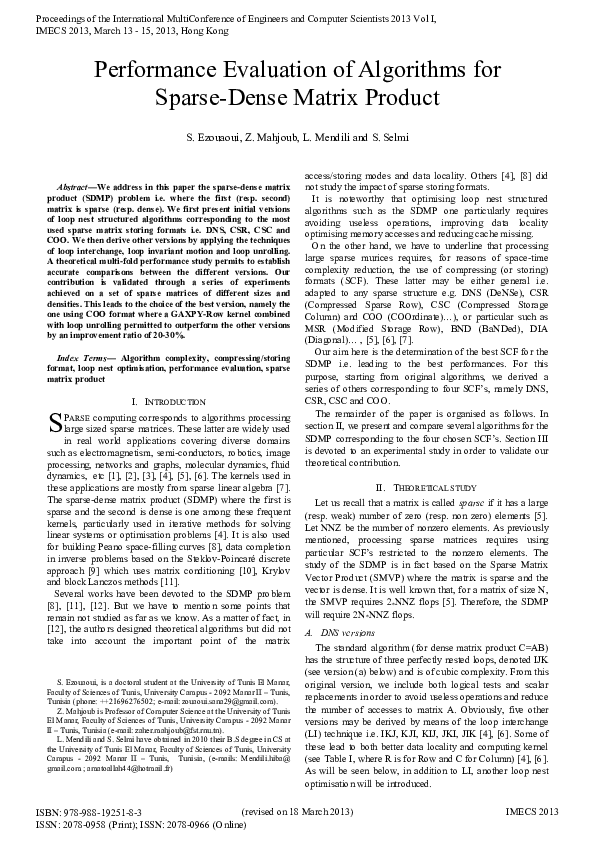 (PDF) Performance Evaluation of Algorithms for Sparse-Dense Matrix Product