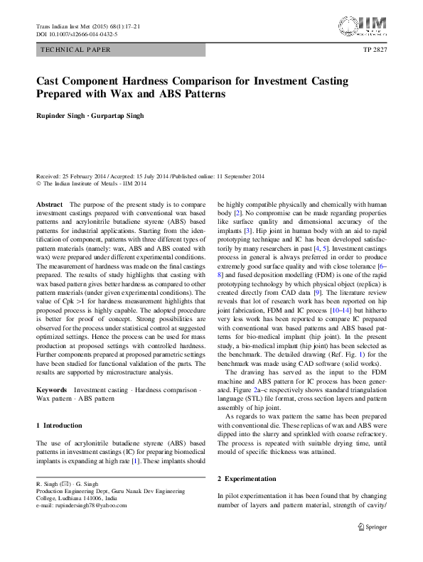(PDF) Cast Component Hardness Comparison for Investment Casting ...