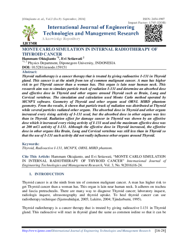 (PDF) Monte Carlo Simulation in Internal Radiotherapy of Thyroid Cancer