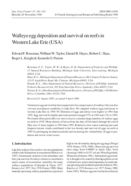 (PDF) Walleye egg deposition and survival on reefs in western Lake Erie ...