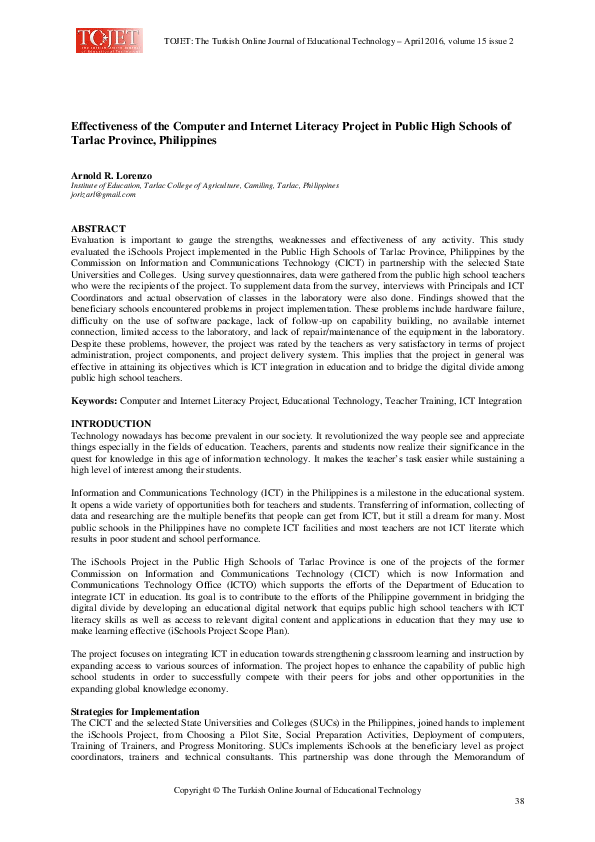 (PDF) Effectiveness of the Computer and Internet Literacy Project in ...