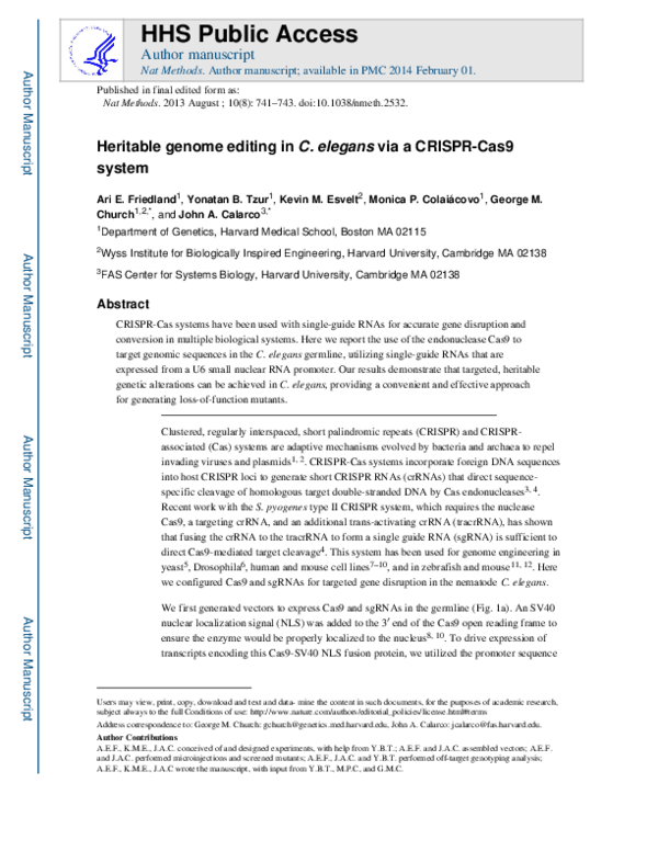 (PDF) Heritable genome editing in C. elegans via a CRISPR-Cas9 system