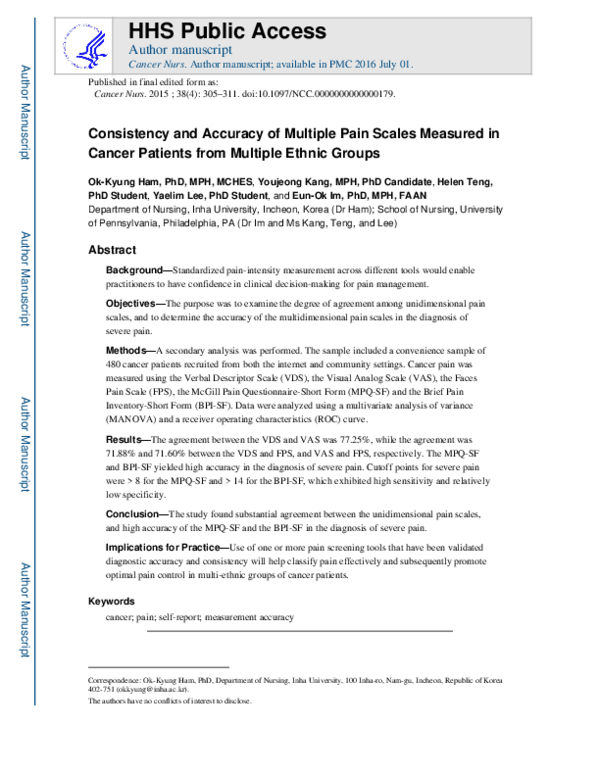 (PDF) Consistency and Accuracy of Multiple Pain Scales Measured in ...