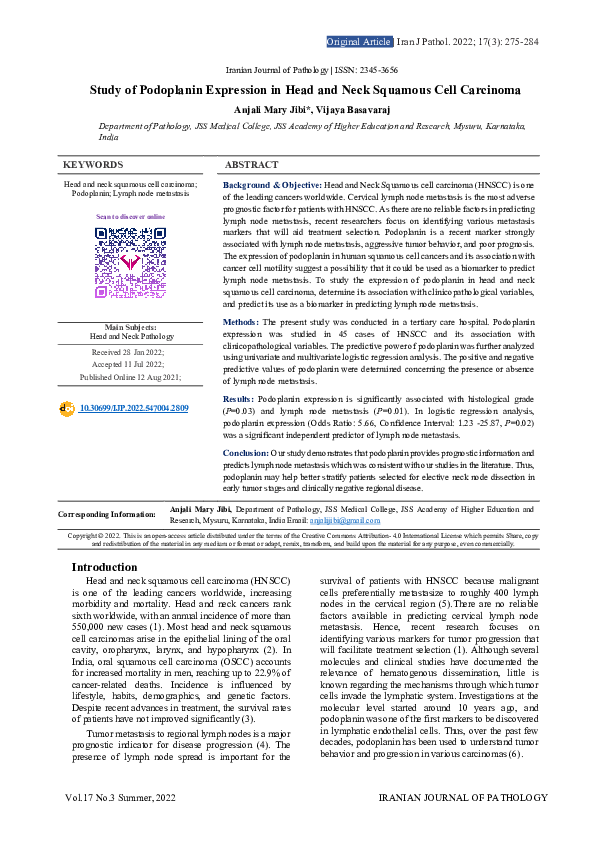 (PDF) Study of Podoplanin Expression in Head and Neck Squamous Cell ...