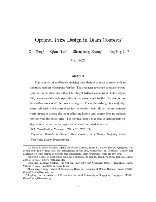 (PDF) Optimal Prize Design in Team Contests
