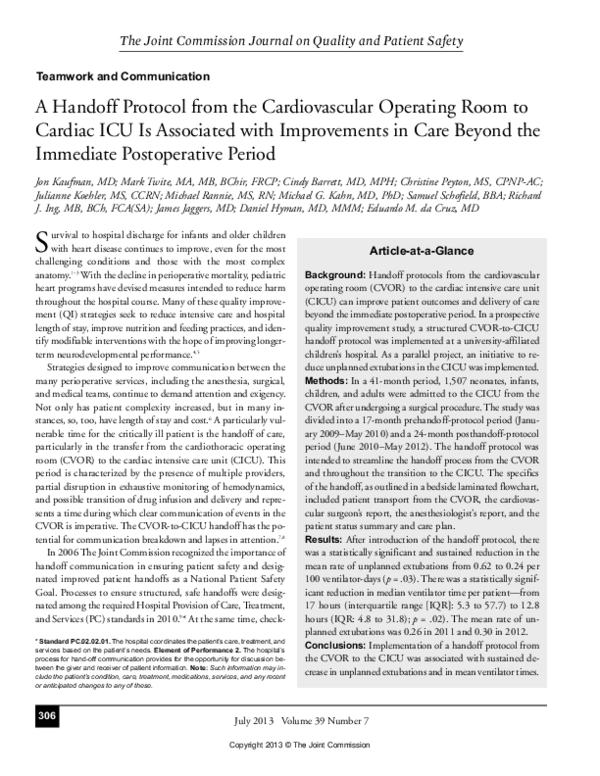 (PDF) A Handoff Protocol from the Cardiovascular Operating Room to ...