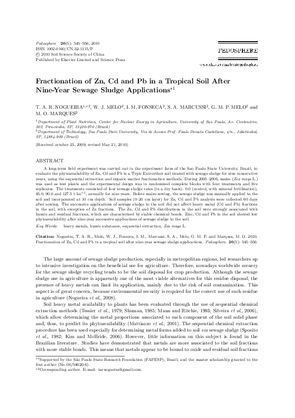 (PDF) Fractionation of Zn, Cd and Pb in a Tropical Soil After Nine-Year ...