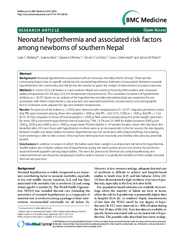 (PDF) Neonatal hypothermia and associated risk factors among newborns ...