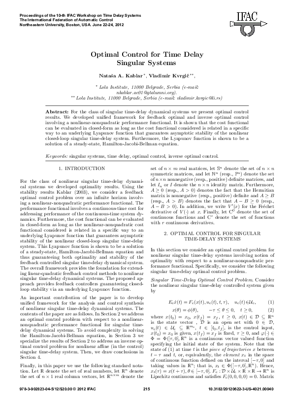 (PDF) Optimal Control for Time Delay Singular Systems