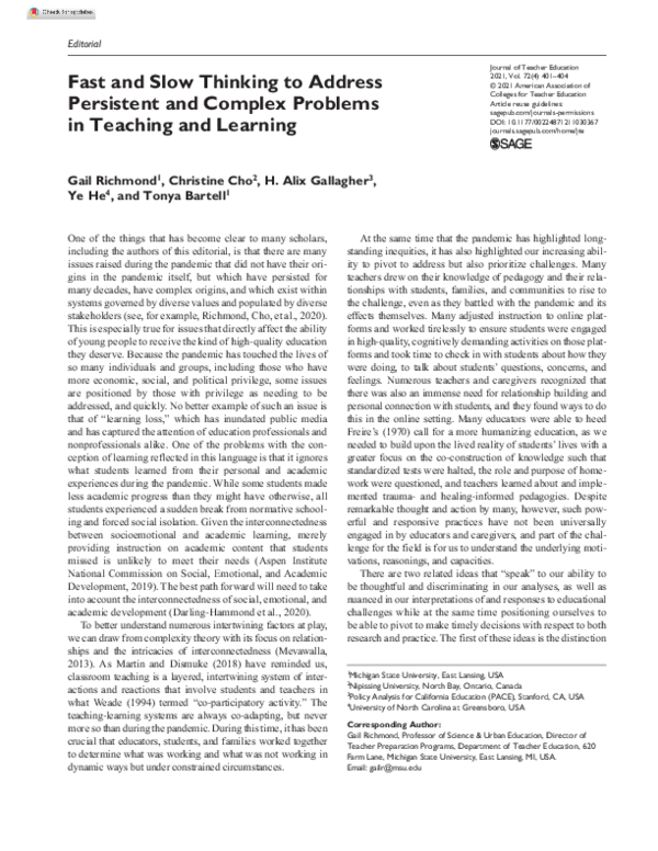 (PDF) Fast and Slow Thinking to Address Persistent and Complex Problems ...
