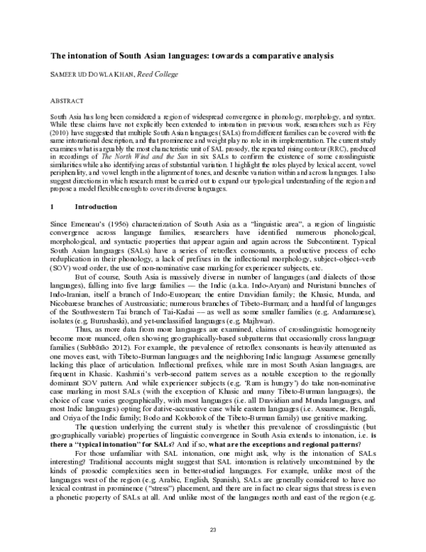 (PDF) The intonation of South Asian languages: towards a comparative ...