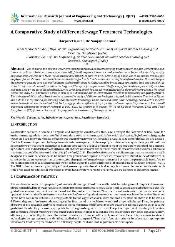 (PDF) A Comparative Study of different Sewage Treatment Technologies