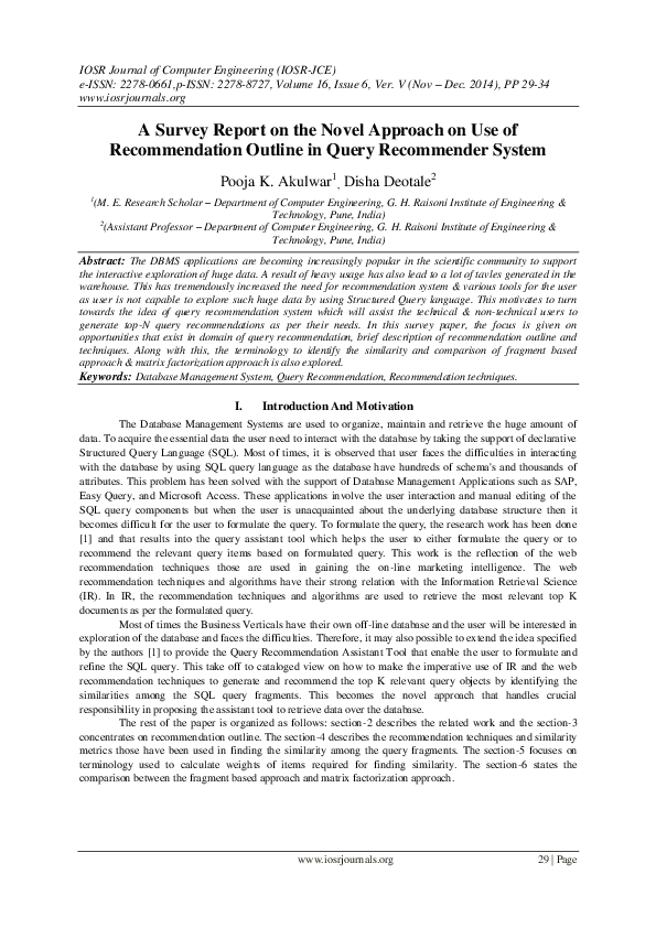 (PDF) A Survey Report on the Novel Approach on Use of Recommendation ...