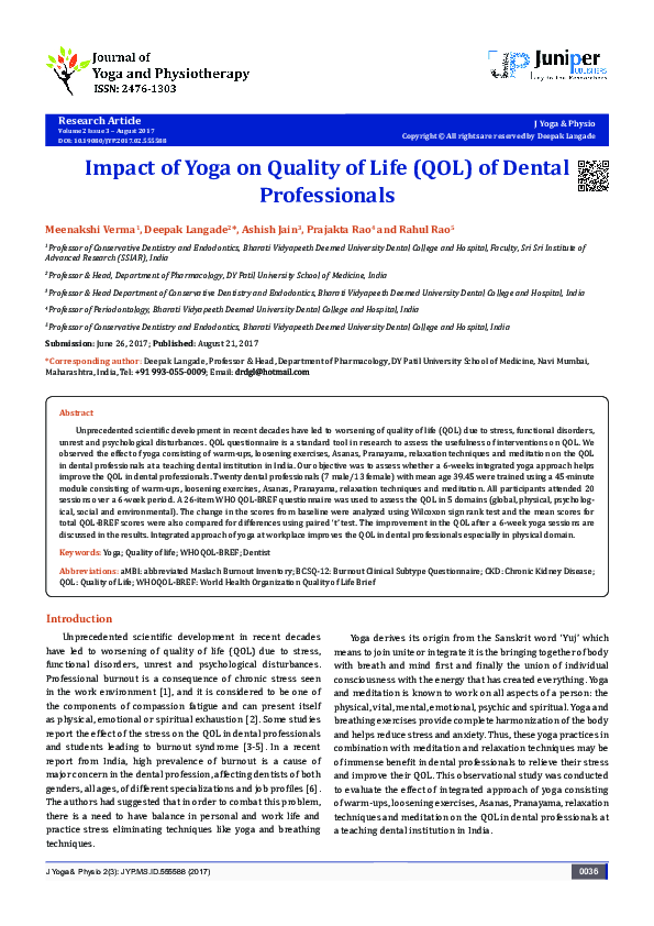 (PDF) Impact of Yoga on Quality of Life (QOL) of Dental Professionals