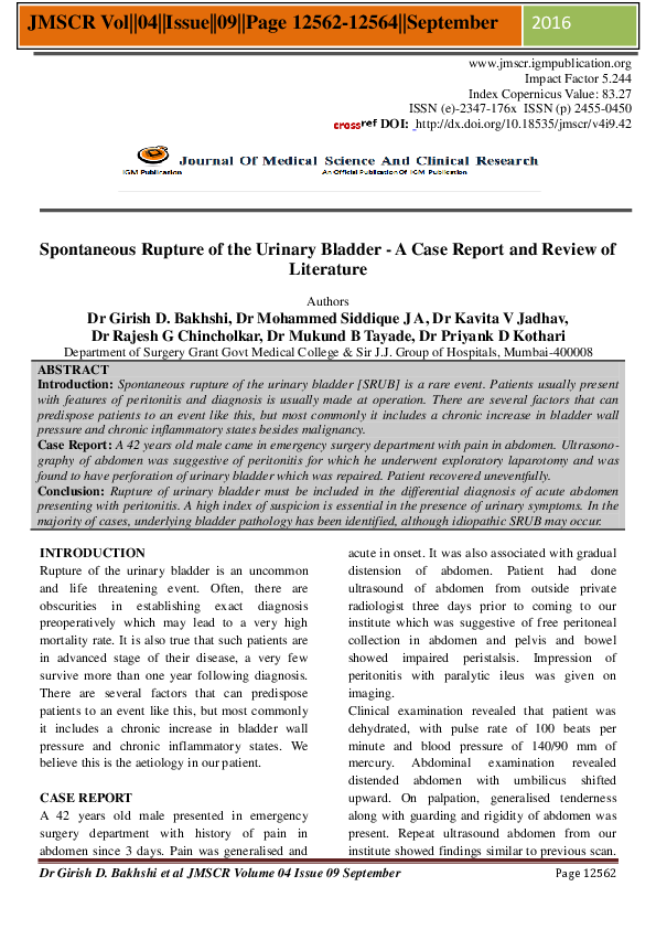 (PDF) Spontaneous Rupture of the Urinary Bladder - A Case Report and ...