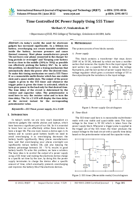 (PDF) Time Controlled DC Power Supply Using 555 Timer