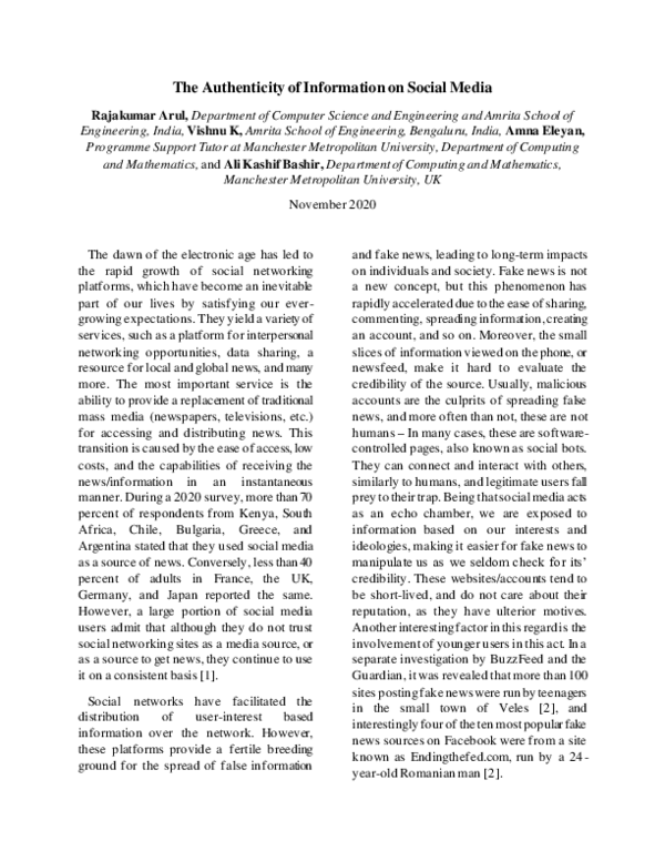 (PDF) The Authenticity of Information on Social Media