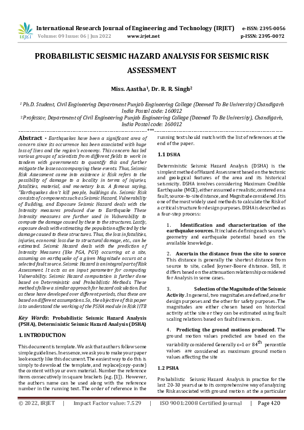 (PDF) PROBABILISTIC SEISMIC HAZARD ANALYSIS FOR SEISMIC RISK ASSESSMENT