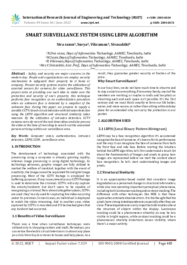 (PDF) SMART SURVEILLANCE SYSTEM USING LBPH ALGORITHM IRJET Journal