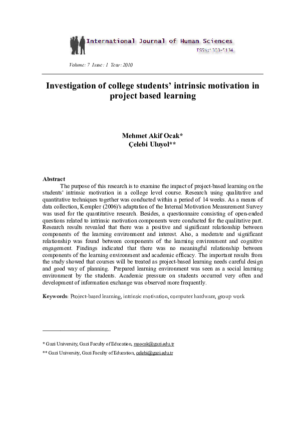 (PDF) Investigation of students' intrinsic motivation in project based ...