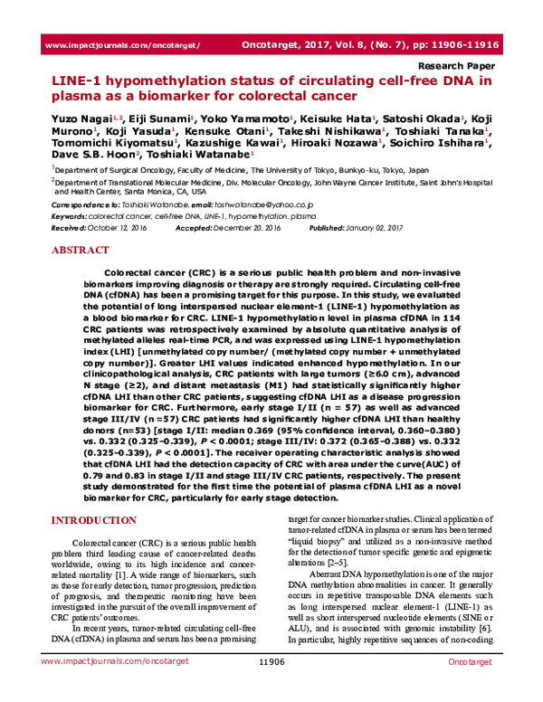 (PDF) LINE-1 hypomethylation status of circulating cell-free DNA in ...