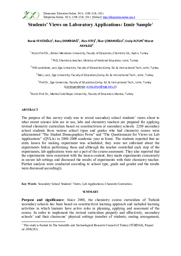 (PDF) Students' Views on Laboratory Applications: Izmir Sample1