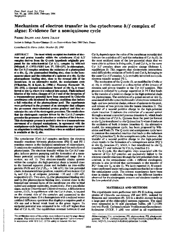 (PDF) Mechanism of electron transfer in the cytochrome b/f complex of ...