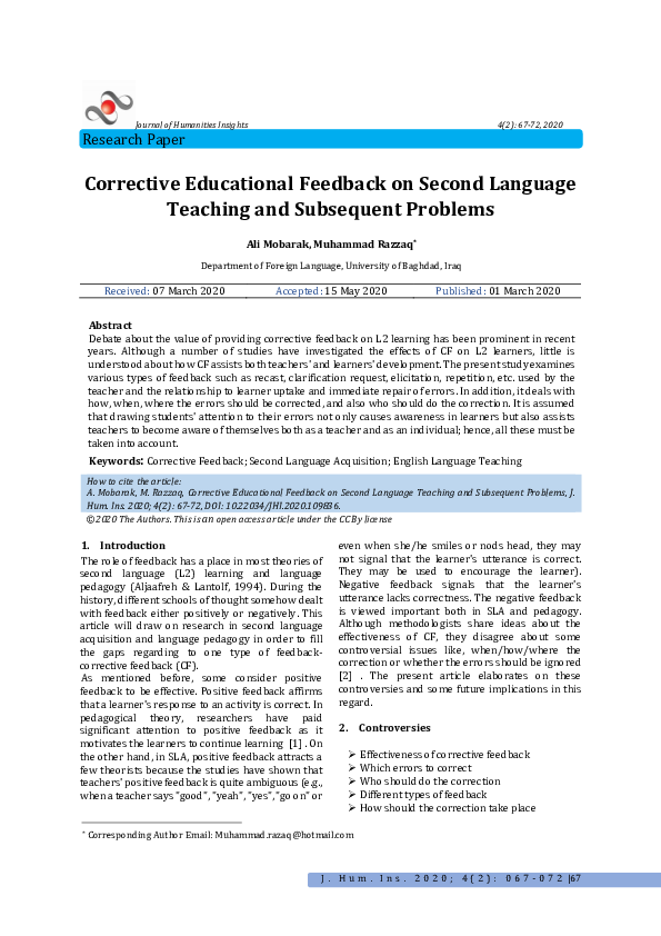 (PDF) Corrective Educational Feedback on Second Language Teaching and ...