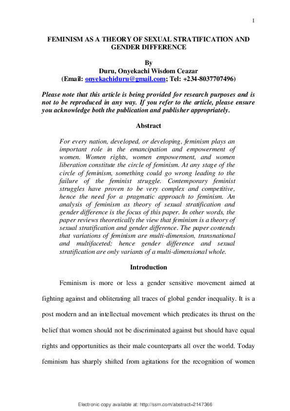 (PDF) Feminism as a Theory of Sexual Stratification and Gender Difference